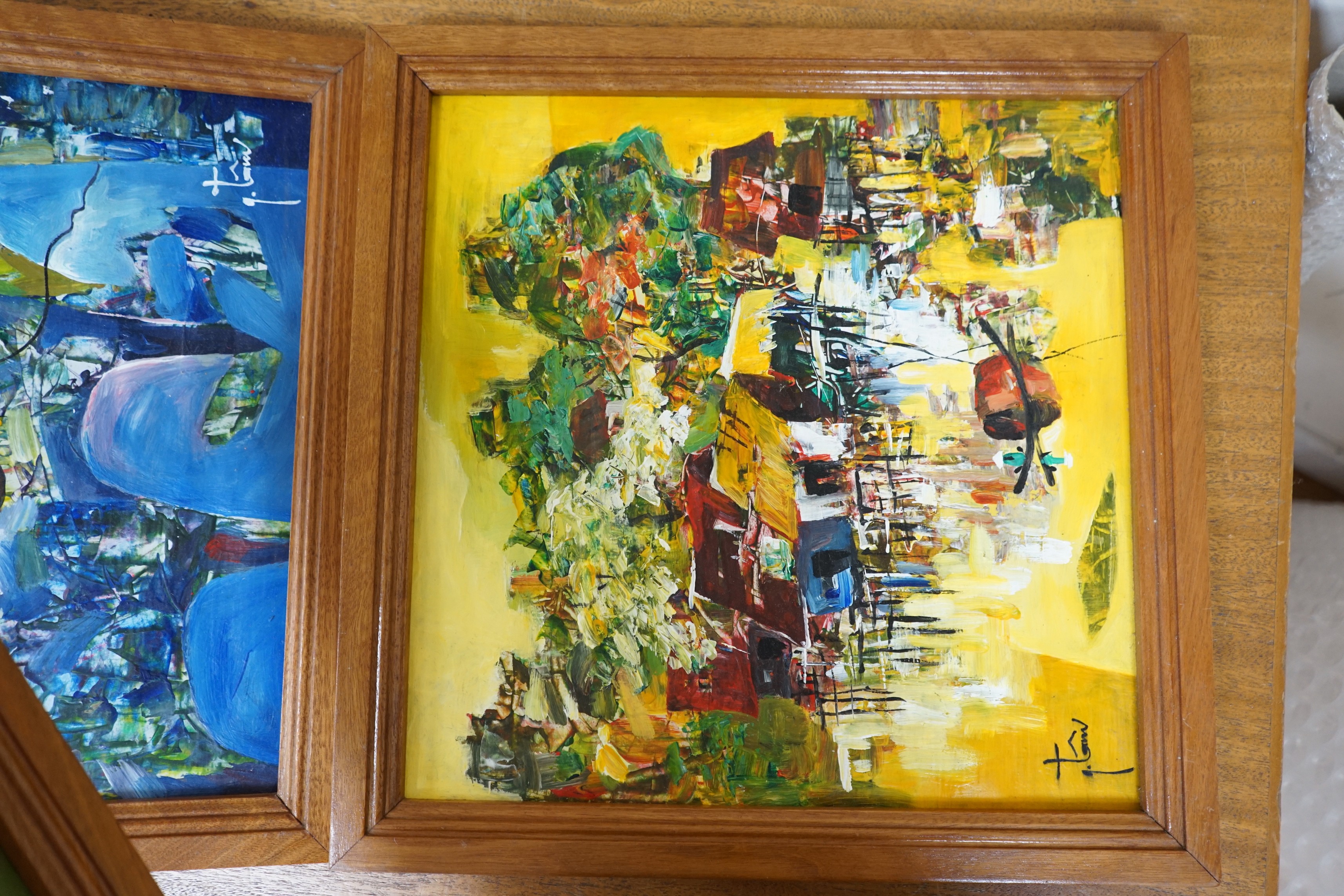 Tr?n Minh Tuân, set of four oils on card, Semi abstract landscapes, signed, 38 x 39cm